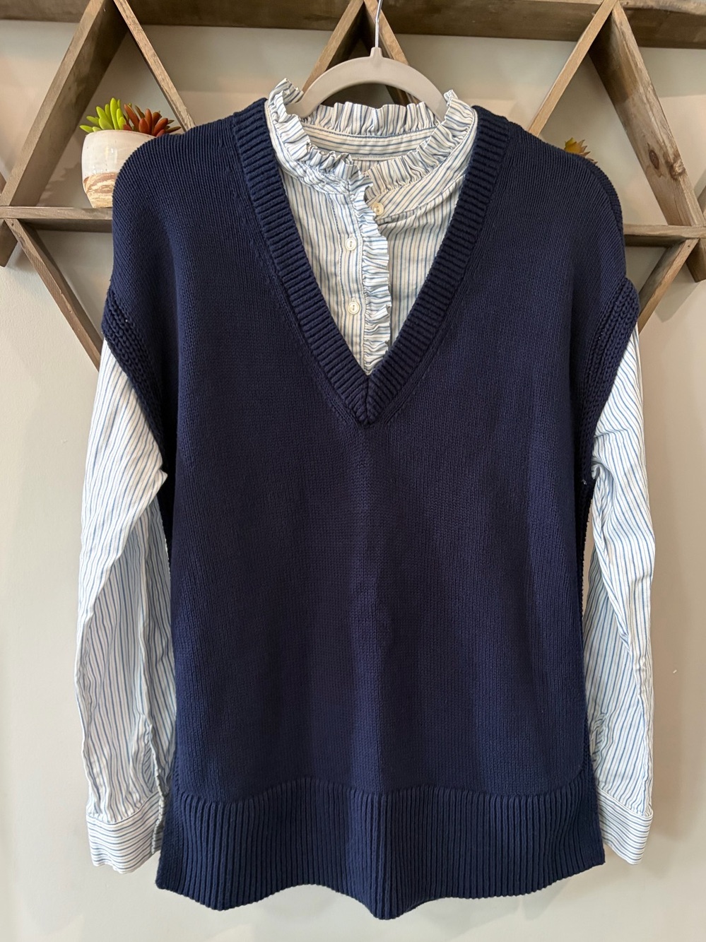 Loft Ruffle Striped Blouse attached navy sweater vest. Size large.